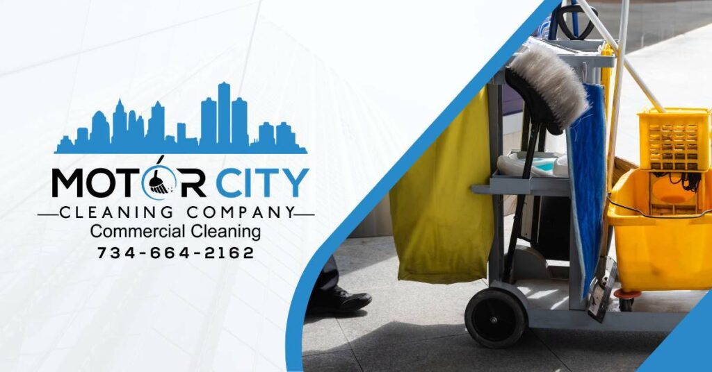 Janitorial Cleaning Cart With Cleaning Tools Being Pushed | Janitorial Cleaning Services | Motor City Cleaning Company